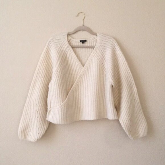 Wild Fable Wrap Sweater Pointelle Sleeves V Neckline Ivory - Picture 14 of 14